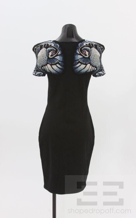 Alexander McQueen Black Wool Blue Coy Fish Sleeve Dress Size Small NEW 