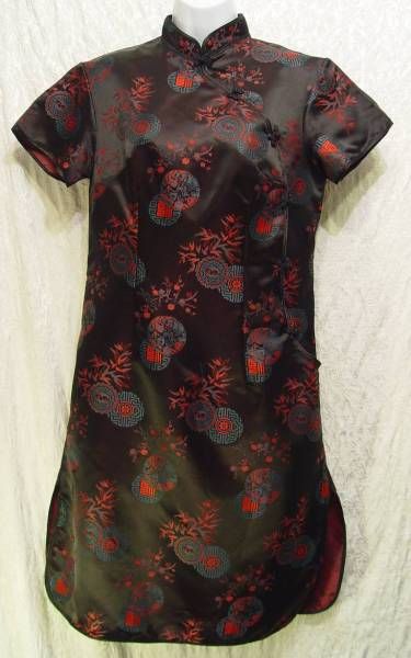 New BLACK BROCADE Korean CHEONGSAM Mandarin Dress M/L  