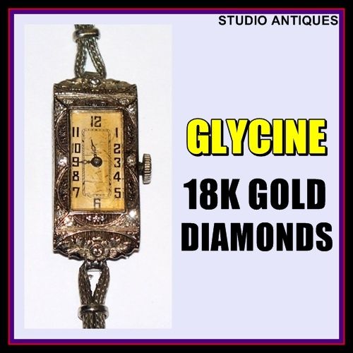 GLYCINE 18K GOLD Vintage WATCH Art Nouveau DIAMONDS 17j  