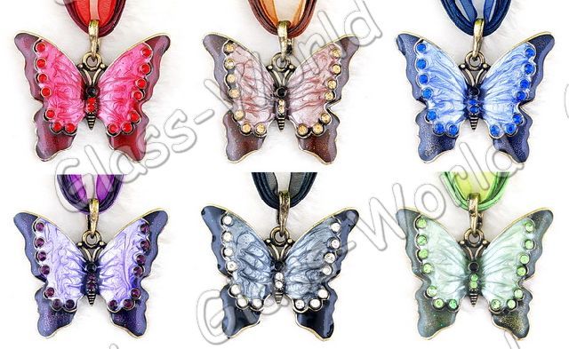 6p Butterfly Golden Enamel Alloy Pendants+Cords W15212  