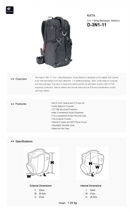 KATA 3N1 11 3in1 Sling Backpack Camera Back DSLR D 3N1 11 * Free 