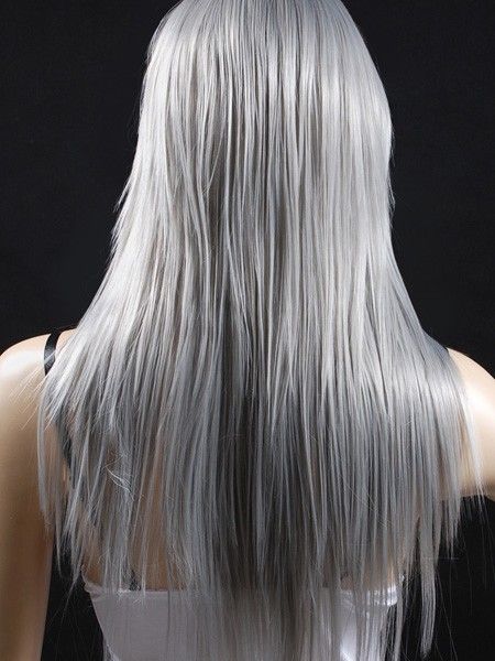 C009 Damen Silber Gerade Anime Cosplay Lange Perücke 66cm  