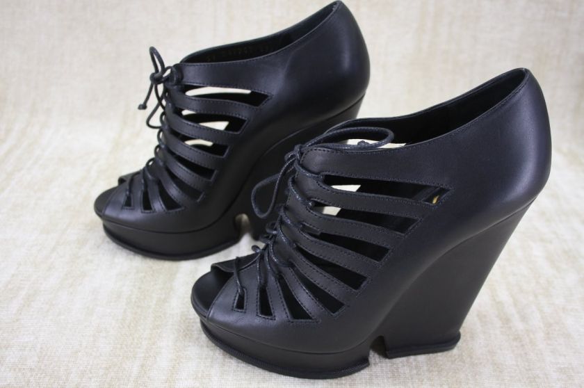 Yves Saint Laurent YSL Hortense Lace Up Wedge Black Leather booties 