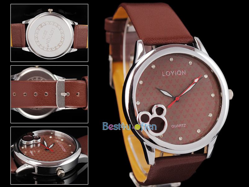 Vogue Brown Lady Girls Bangle Band Mouse Leather Quartz Wrist Watch 