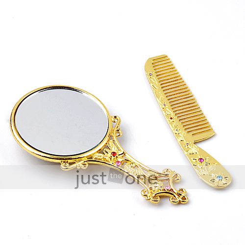 Golden Rhinestone Compact Pocket Mirror & Hair Comb Set  
