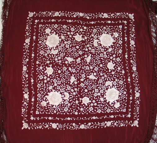 RARE   Dark Burgundy w/ White Flamenco Piano Shawl XL  