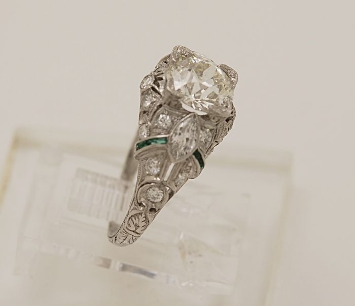 Antique Platinum, Diamond & Emerald Art Deco Engagement Ring J32609 