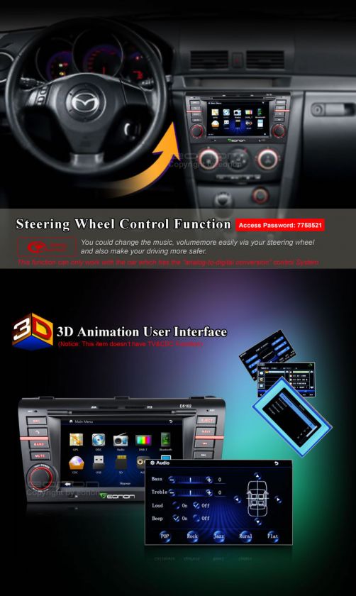 D5102U Eonon Car GPS 7 LCD DVD Player for Mazda3 8d  
