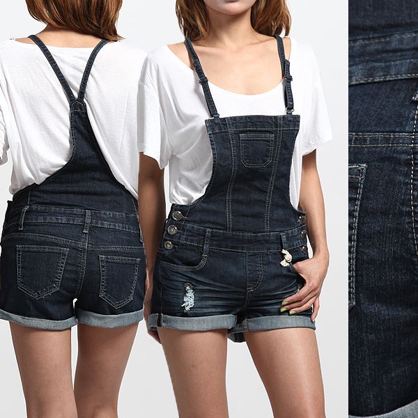 MOGAN Vintage Destroyed DENIM OVERALL SHORTS Suspender Jumper Romper 