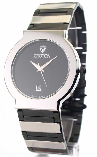 MENS CROTON STEEL SLEEK SWISS DATE WATCH CN307185SSBK  