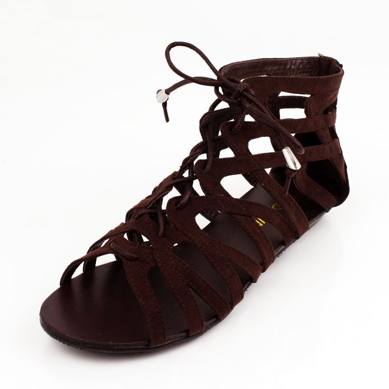 WILD DIVA MYRAH 31 FLAT LACE UP CAGE SANDALS Brown V. Suede