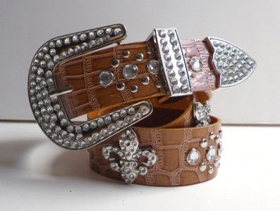 Western Rhinestone Leather Belt Fleur De Lis Croco Tan  