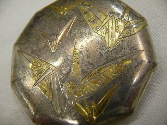 MEIJI Antique Sterling Silver Compact w/Cranes V421  