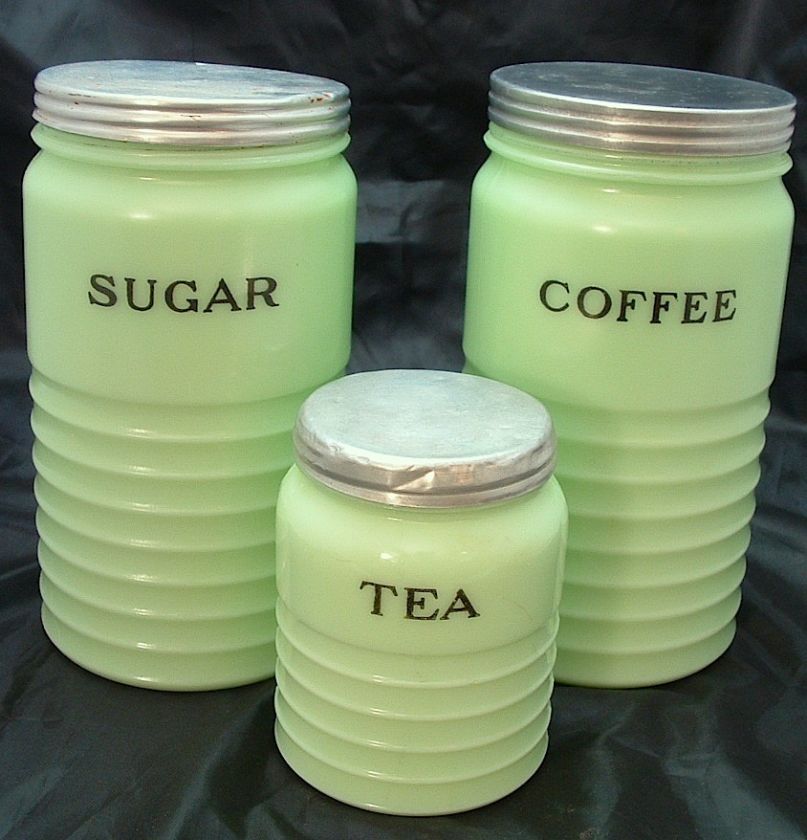   *Jeannette*Horizontal Ribbed*Jadite*Jadeite*Canister Set*Depression