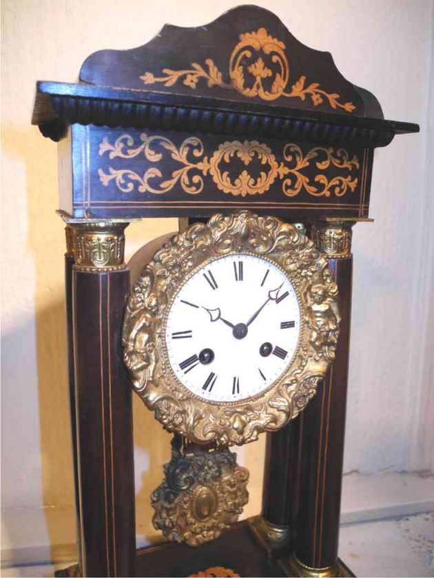 Fine wooden Marquetry Portico Pillar Clock c1840 NoRes  