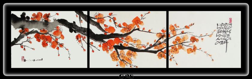 Oriental painting (Cherry blossoms) Set of 3 horizontal  