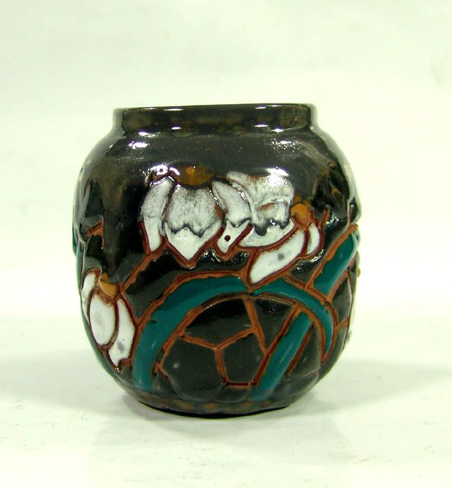 ANTIQUE ART NOUVEAU GLAZED CERAMIC PAINTED SNOWDROP FLOWER URN VASE 