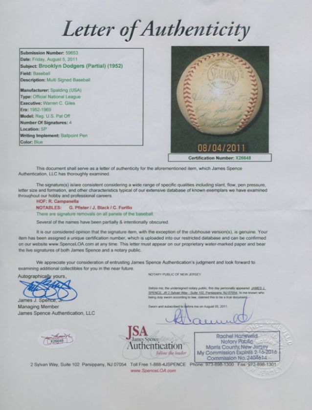 1952 BROOKLYN DODGERS ROY CAMPANELLA SIGNED AUTOGRAPHED JSA BASEBALL 