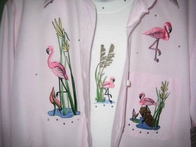 TROPICAL FLAMINGOS~ Pink Striped Las Olas Shirt~ XL 1X 2X  