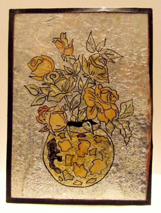 Tin Aluminum Foil Painting Folk Art Primitive Eames Era Vase Yellow 