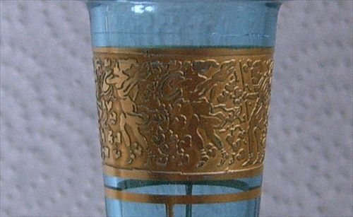   PRUSSIAN BLUE GLASS ATOMIZER MOSER  WOMEN WARRIORS ETCHED GOLD