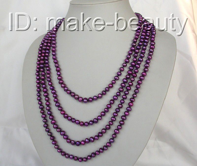   long 100 7mm round purple freshwater cultured pearl necklace  