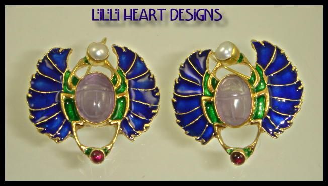 CARVED AMETHYST SCARAB, PEARL & GARNET 24K OVER SILVER  