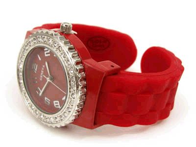 BURGUNDY Silicone Band Crystal Bezel Bangle Cuff WATCH  