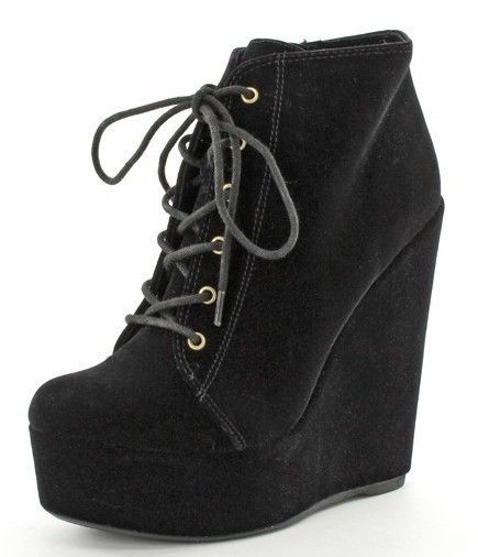 Faux Suede Black Round Toe Lace Up Wedge Heels Platform Ankle Boots 