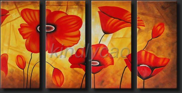 FRAMED MODERN ART DECO RED FLOWERS OIL PAINTING Km241  