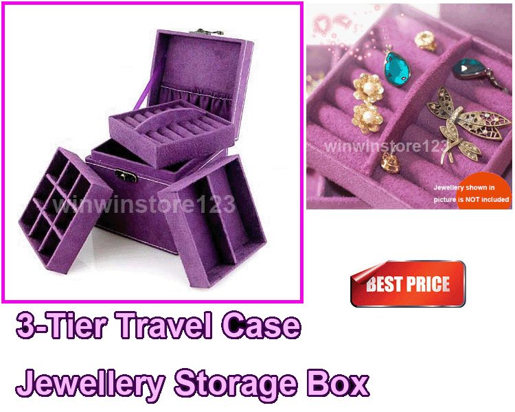 Vintage Jewellery Storage Box 3 Trier Layer Travel Case Purple Velet 