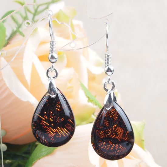 Attractive Brown Dichroic Glass Teardrop Earrings  