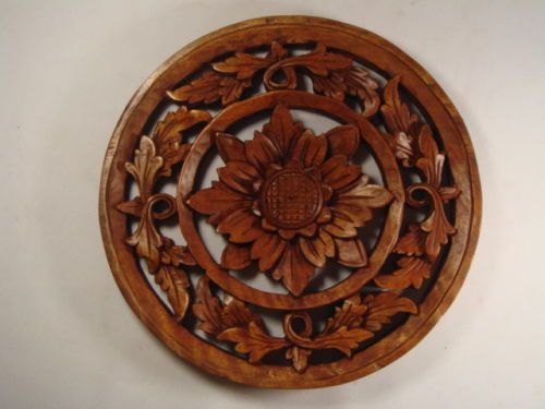 Hand Carved Bali Round Wall Panel Flower Relief ART  