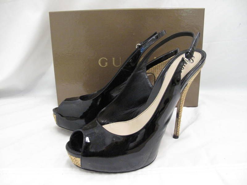 Gucci Black Patent Leather Baset Woven Covered Platform Slingback 