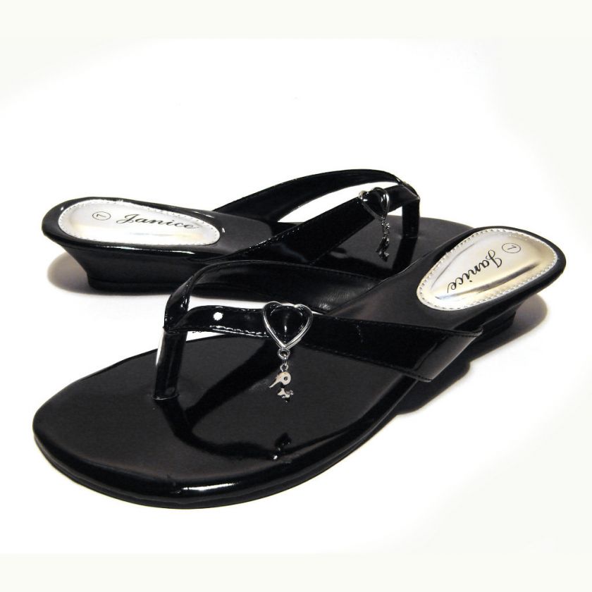 NEW HEART PENDANT WEDGE HEEL THONG SANDAL PATENT BLACK  