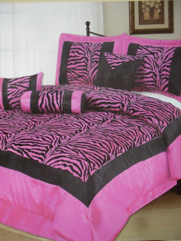 7PC Queen Size Zebra Pink And Black Comforter Set Spread Bed In A Bag 