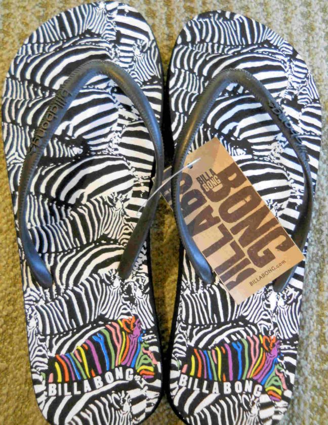 BILLABONG~ BLACK WHITE ZEBRA PRINT FLIP FLOPS SANDALS SIZE 6  