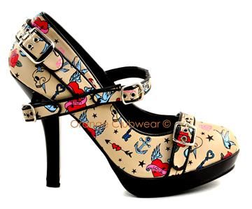 PINUP Rockabilly Tattoo Print Cream High Heels Shoes 885487522975 