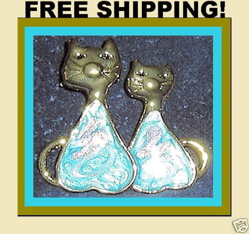 GOLD BLUE ENAMEL FRIEND CAT KITTEN BROACH BROOCH PINS  