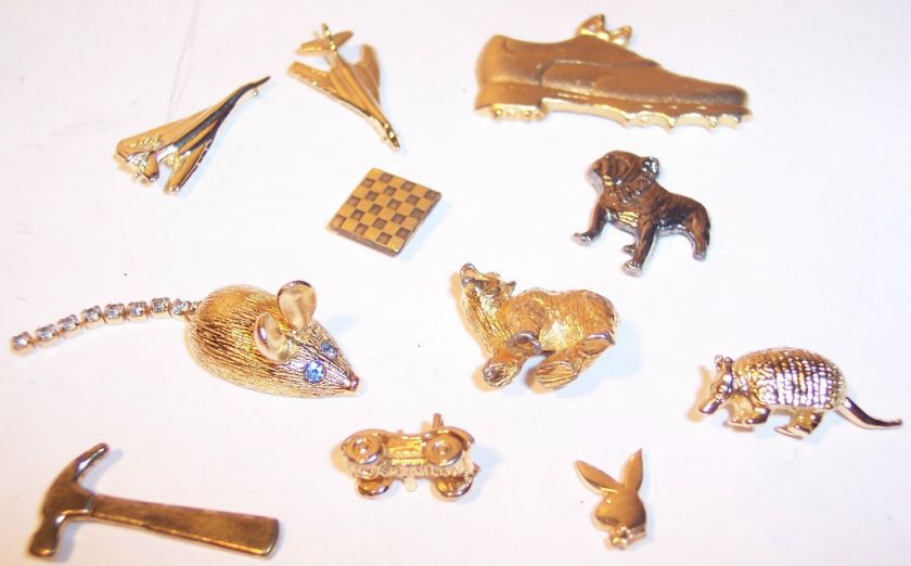 VINTAGE LOT 10 FIGURAL TIE TACKS CAR PLANE MOUSE SHOE  