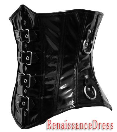 Goth Black PVC Buckle Ring Steel Boned Underbust Corset  