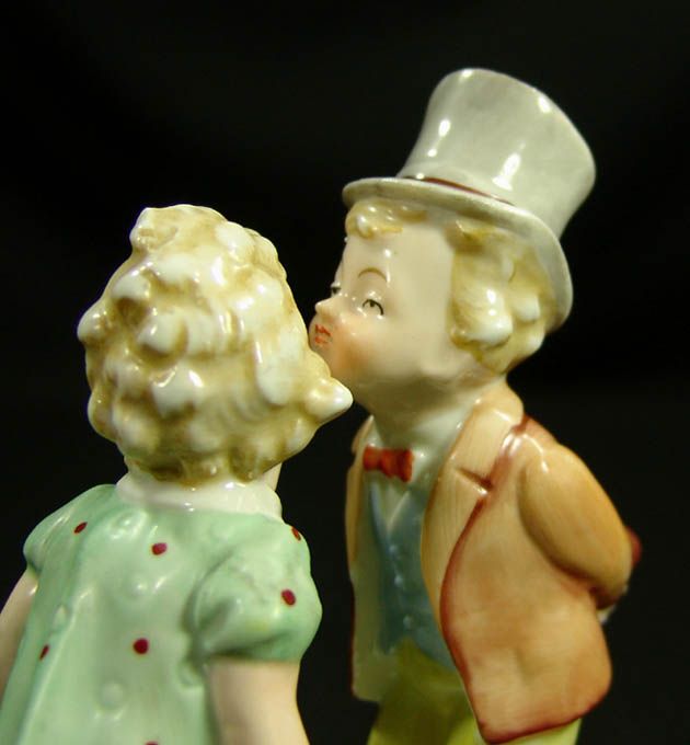 OLD GERMAN PORCELAIN CERAMIC FIGURINE KISSING BOY GIRL  