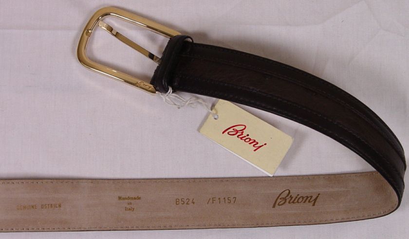 BRIONI BELT $795 DARK BROWN OSTRICH SKIN LOGO BRASS BUCKLED BELT 34 