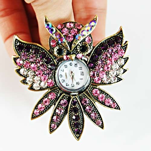 d901 Womens Tibet Silver Owl Rhinestone Crystal Adjustable Ring Watch 