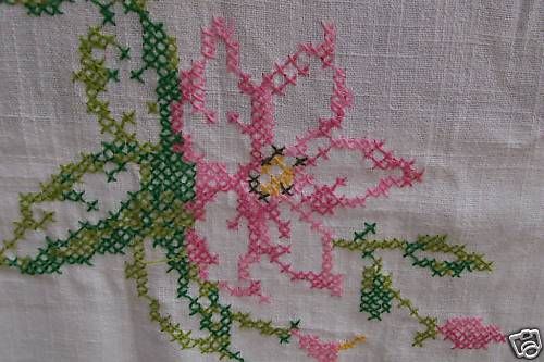 Antique Tablecloth Cross Stitch Pink Flowers  