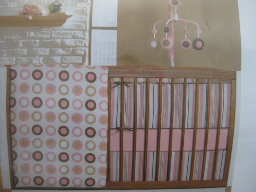 SKIP HOP 4PC CRIB BEDDING SET PINK BROWN CIRCLES NIP  