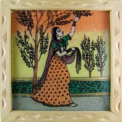 INDIAN GIRL GEMSTONE PAINTING ART GARNET CORNELIAN .  