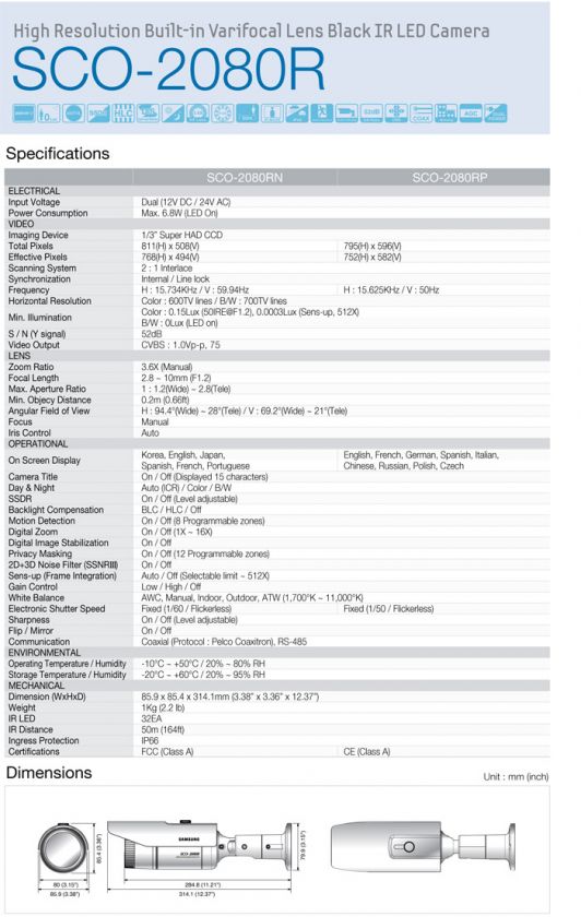 NEW SCO 2080R samsung CCTV security 1/3 Varifocal Lens IR LED Bullet 