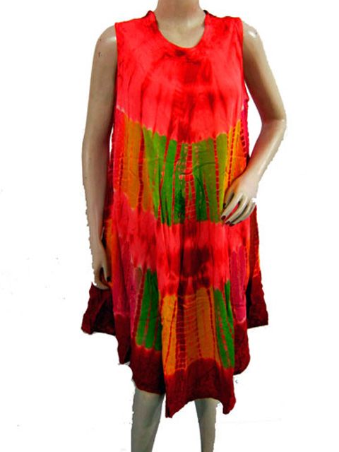 Peasant Bohemian Sun Dress Rayon Hot Red Tie Dye Caftan Poncho Tunic 