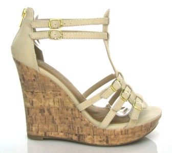 CLASSIFIED ROCCA S TAN BEIGE STRAPPY PLATFORM WEDGE  